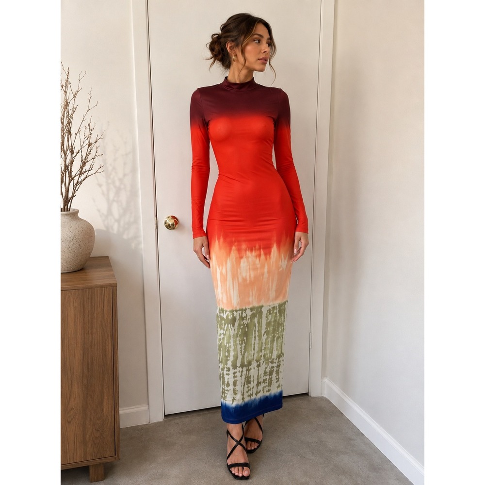 Commense Ombre Tie Dye Maxi Dress Long Sleeve Bodycon Cocktail Party Size S